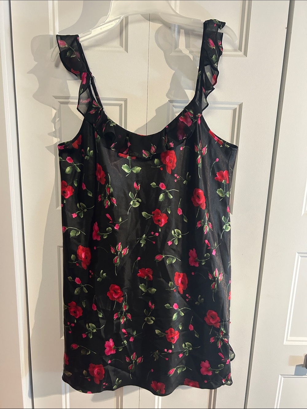 Morgan Taylor Black Floral Satin Chemise with Red & Pink Roses